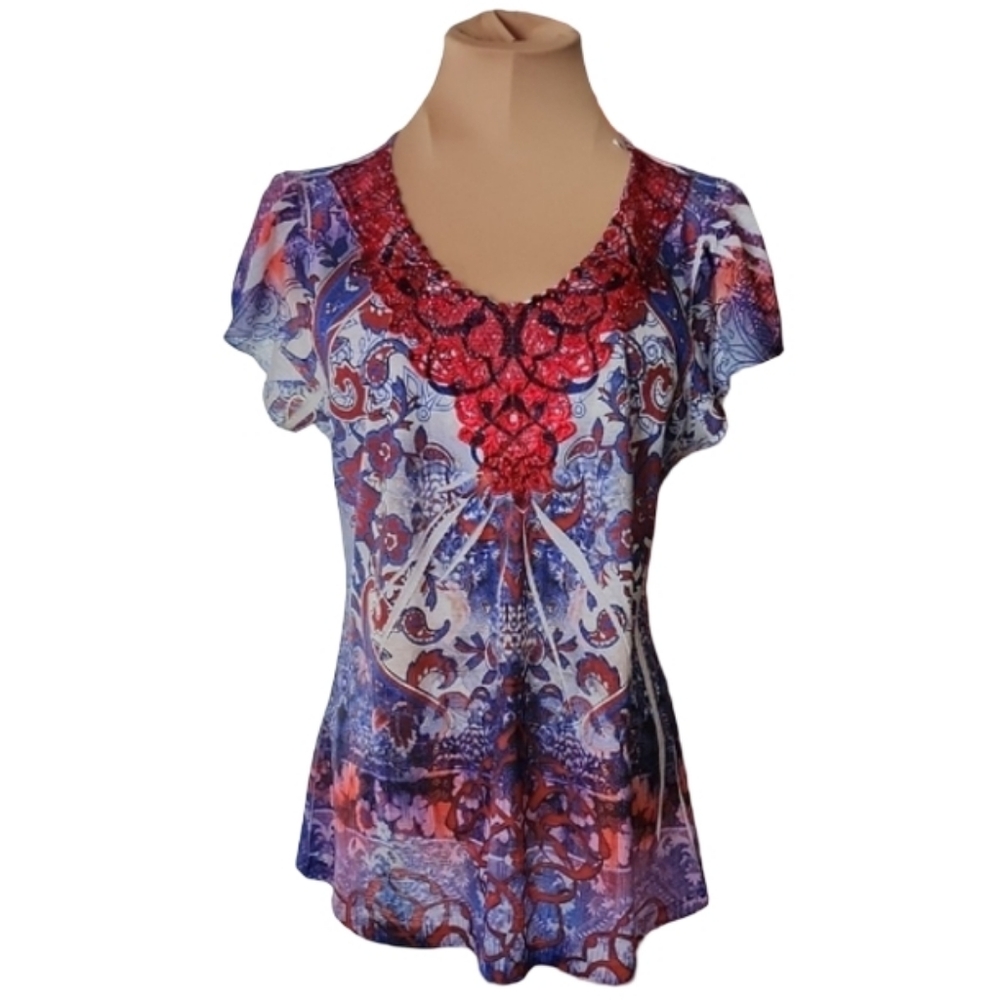 Apt.9 Paisley Floral Embroidered Beaded Applique Blouse Women's Medium